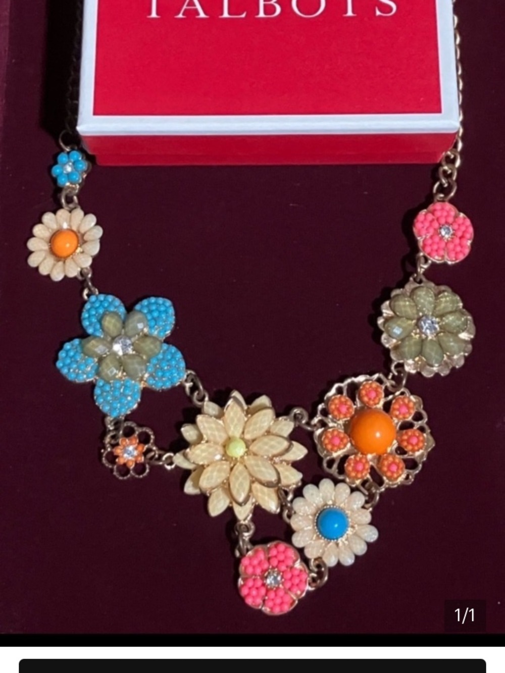 New Talbots Floral Bib Necklace Blue, Cream, Pink, Orange in Box